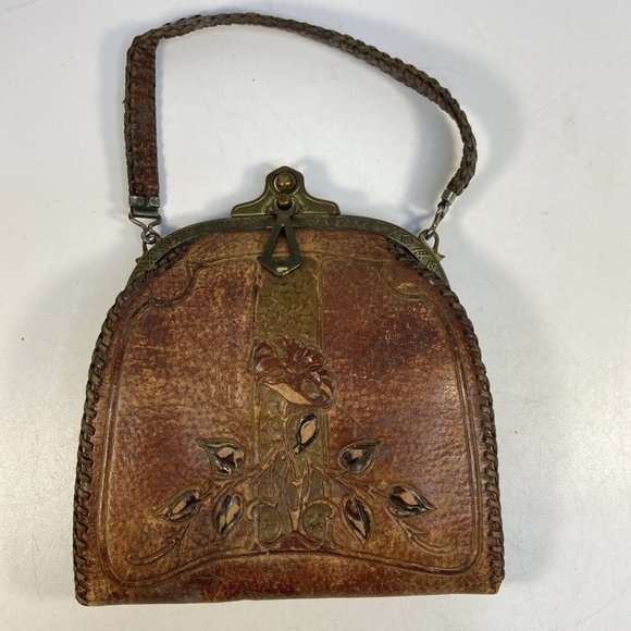 Vintage JEMCO Handbag Purse Art Nouveau Hand Tooled Leather Turnloc Clasp 1921 - Picture 1 of 16